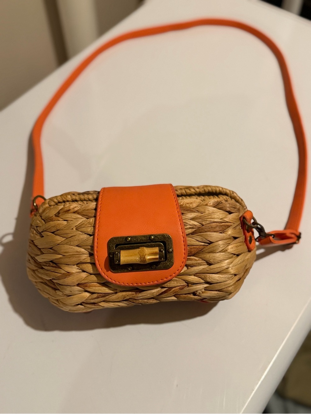 Woven Straw Shoulder Bag with Bright Orange Trim